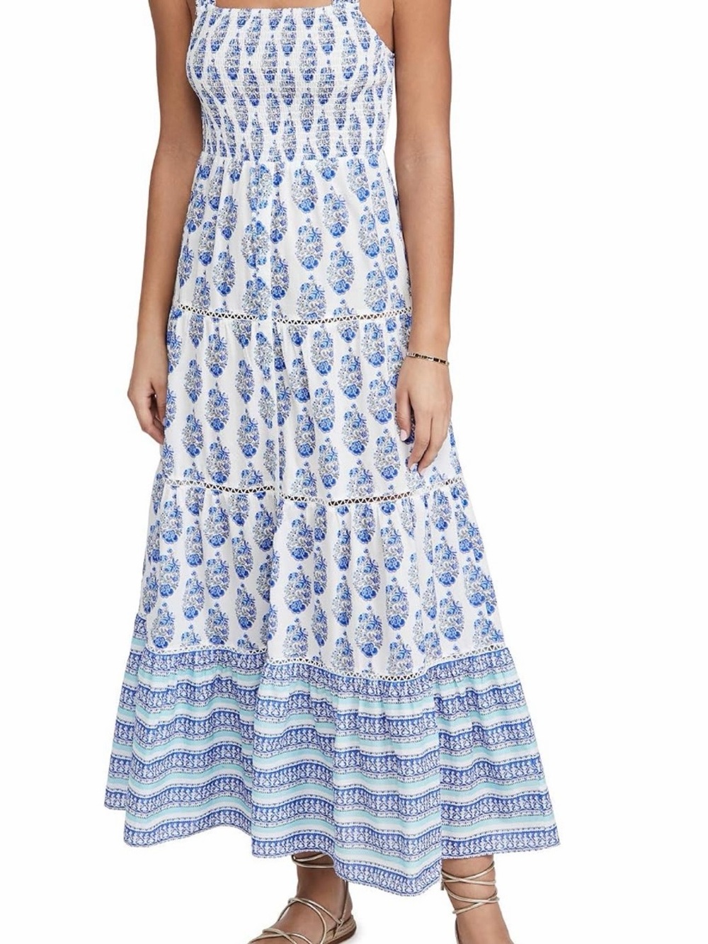 Playa Lucila Blue Block Print Maxi Dress (Size S, Blue Border Print Combo)